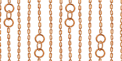 Chain with gold links and rings hand drawn watercolor illustration. Jewelry, accessories or anchor chain. Vintage links isolated from background. Seamless background for design.