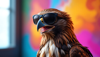 Funny hawk wearing sunglasses in studio with a colorful and bright background. Generative AI