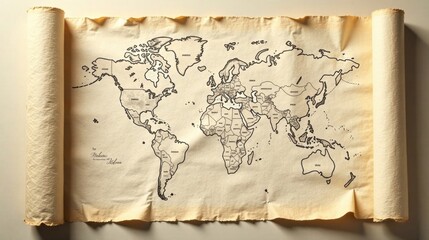 An antique parchment scroll displaying a hand-drawn world map with detailed continents and country outlines.