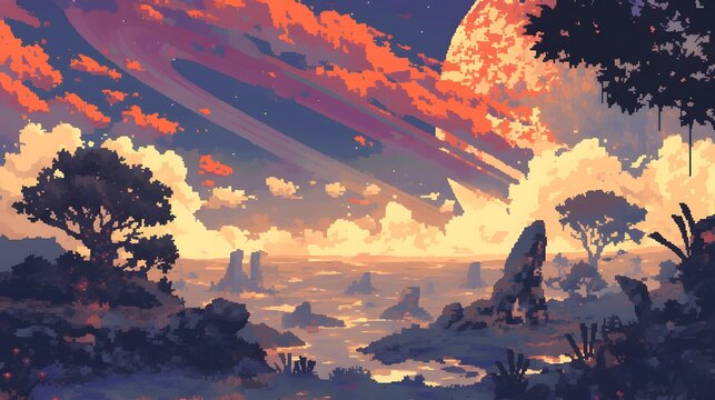 Alien landscape in pixel art, featuring a ringed planet for a sci-fi theme.
