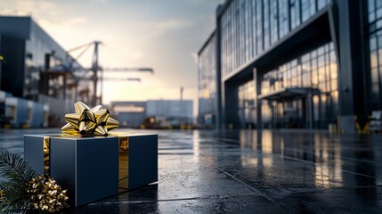 Economic windfall profit expansion holiday gift box at industrial port urban environment evening light