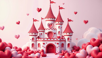 Whimsical castle adorned with hearts surrounded by colorful balloons for Valentine's Day