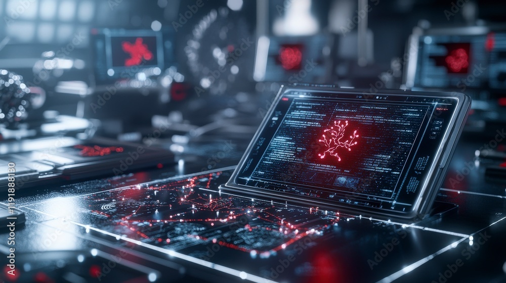 Poster Digital health warning system detecting symptoms alerts in futuristic control room environment