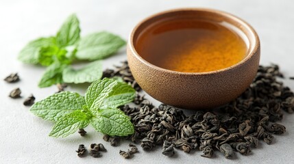 Wooden bowl of tea, loose leaves, mint sprigs.