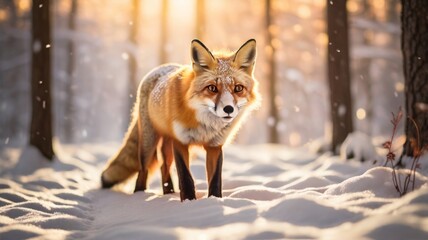 Obraz premium A majestic fox stands poised in a snow-covered forest at sunset