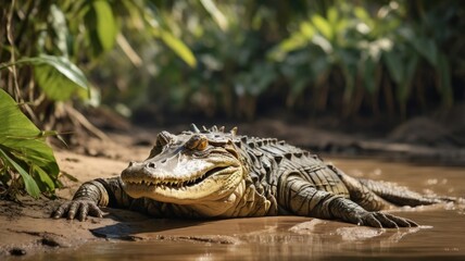 Obraz premium A formidable caiman resting on muddy riverbanks in a lush, tropical setting