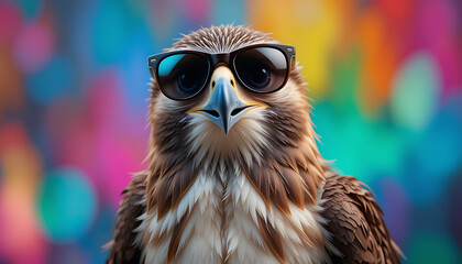 Funny hawk wearing sunglasses in studio with a colorful and bright background. Generative AI