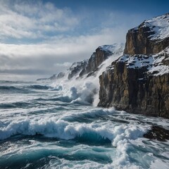 Leonardo_Kino_XL_Snowcovered_cliffs_with_icy_waves_crashing_be_0