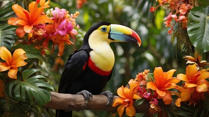 Fototapeta premium Exotic Toucan Perched Amongst Vibrant Tropical Flowers in Lush Green Foliage