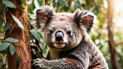 Fototapeta premium Adorable Koala Bear Close-Up Portrait, Climbing a Tree in Natural Habitat