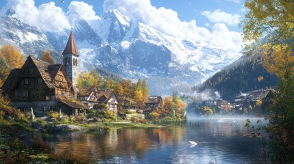 Obraz premium Picturesque Alpine Village by a Serene Lake