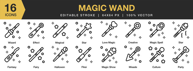 Magic Wand icon set. Editable Stroke Icon Collection. Includes Fairy Tale, Fantasy, Kid, Magic, Story, Wand, and More. Outline icons vector collection.