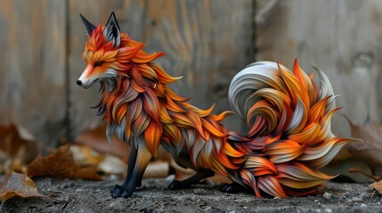 A vibrant, artistic fox sculpture with flowing, colorful fur resembling flames.