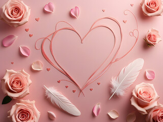 love and affection theme flat lay composition with pale pink rose petals and creamy white feathers on pastel pink background