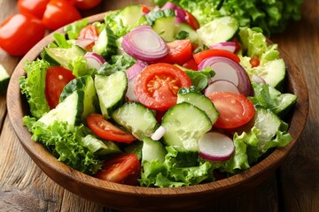 Fresh Vegetable Salad in Wooden Bowl