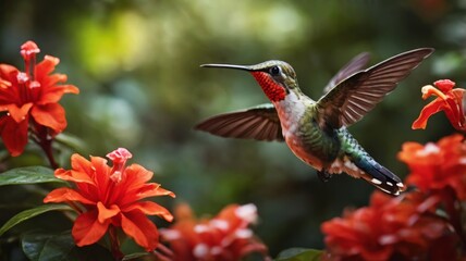 Fototapeta premium Hummingbird in flight with vivid red flowers surrounding a natural bokeh effect