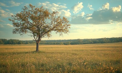 Fototapeta premium Solitary tree in a sunlit, flowered field.