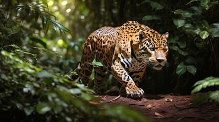 Jaguar prowling through lush tropical rainforest with dappled sunlight and green foliage