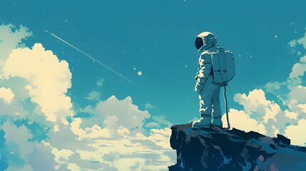 An astronaut standing on the edge of a cliff, gazing into the vast unknown, portrayed in anime style