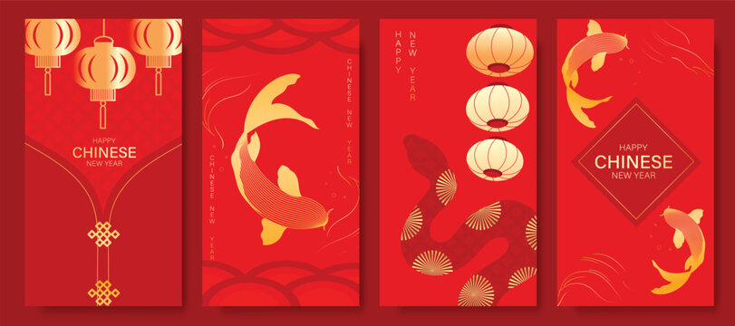 Chinese New Year 2025 hongbao red envelope design vector. Collection of Chinese festival with lantern, snake, fish, pattern. Elegant oriental illustration for angpao, cover, website, calendar, ads.