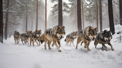 Naklejka premium A Pack of Wolves Run Through a Snowy Forest Hunting for Prey