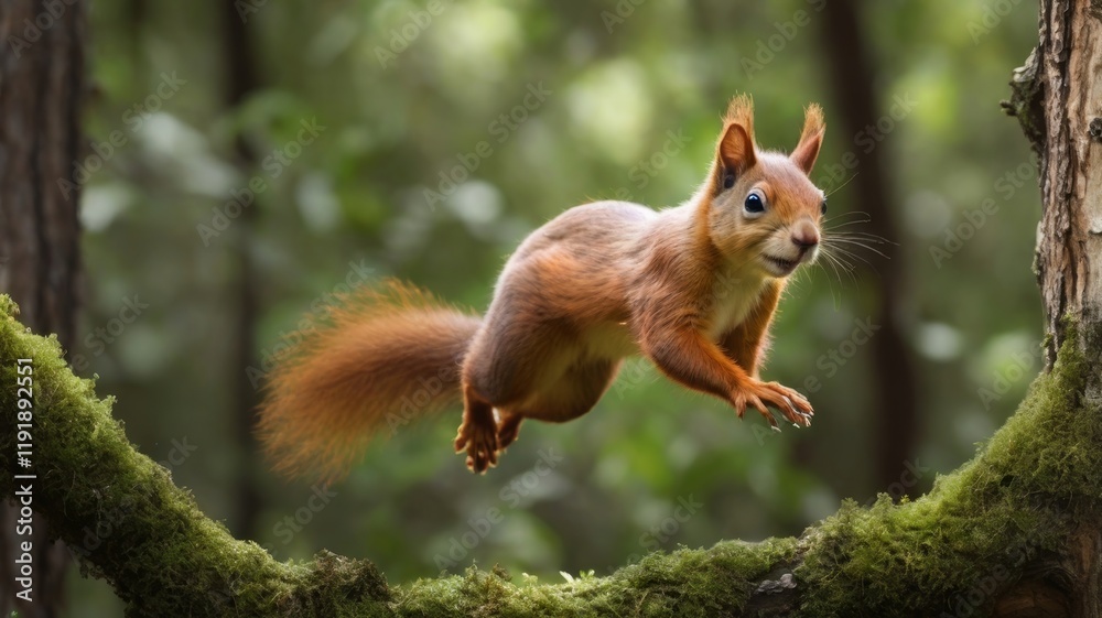 Wall mural a nimble squirrel leaps between branches in a lush forest environment