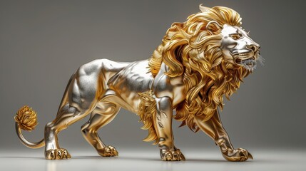 A stylized lion sculpture in metallic gold and silver, showcasing artistic craftsmanship.