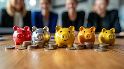 Obraz premium Parents teaching kids about savings, coins and piggy banks on a wooden table.