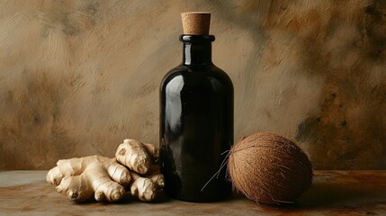 Naklejka premium 85.Black Bottle with Coconuts and Ginger on Brown Background