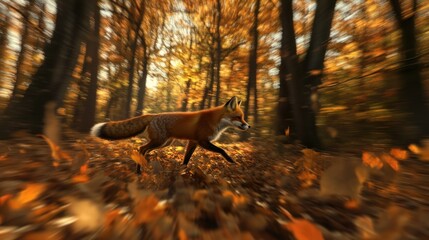 Fototapeta premium Red fox running autumn forest leaves blur background nature wildlife