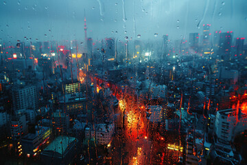 view from the window on a rainy city landscape, drops on the glass,.    Generative AI
