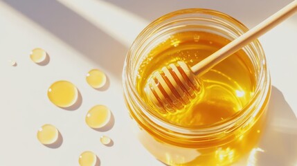 Golden Honey in Glass Jar with Honey Dipper and Droplets