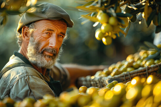 Farmer picks and harvests olives at an olive farm. ,.    Generative AI