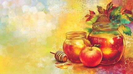 117.A colorful holiday card design with vibrant apples, a glowing honey jar, and detailed honeycomb fragments, arranged in a cheerful layout with room for text.