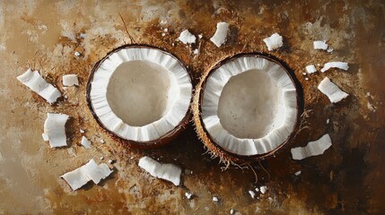 Fototapeta premium 47.A detailed composition featuring a halved coconut with its flesh glistening, surrounded by natural coconut shavings on a textured brown background.