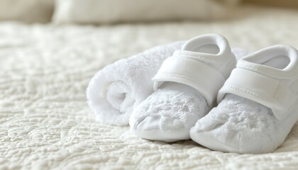Soft White Baby Booties and Towel on a Bed