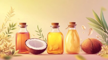 54.A detailed vector art collection featuring stylized bottles of almond, coconut, and corn oil, accented with organic shapes and soft gradient backgrounds.
