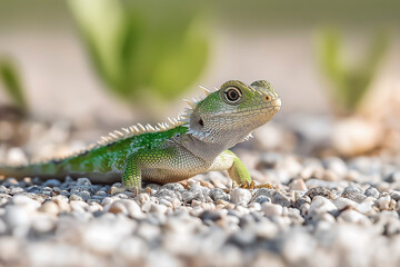 Fototapeta premium A green crested lizard (Bronchocela jubata) is sunbathing before starting his daily activities.