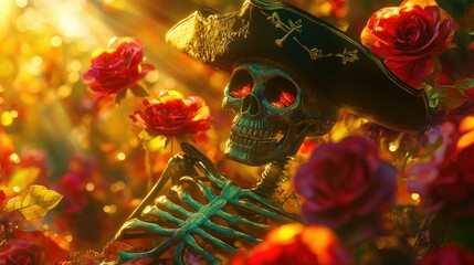 Naklejka premium Skeleton in a pirate hat surrounded by vibrant red roses, bathed in golden sunlight, dramatic shadows, vivid colors.