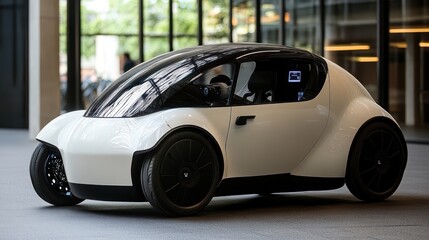 A modern hydrogen family SUV with ample storage space and built-in smart features, displayed in a futuristic showroom