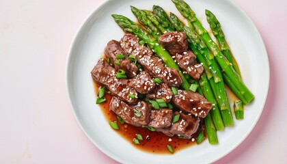 Asparagus beef teriyaki sauce delicious recipe on white plate