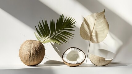 64.A minimalist arrangement showcasing a whole coconut, a neatly halved one, and glossy tropical leaves, styled in a balanced layout against a pure white background.