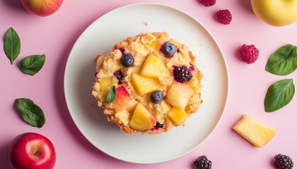 Blueberry and apple fresh fruit pie cake on white plate for tea time