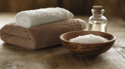 27.A minimalist setup of coconut oil in a clear bottle and a matching bowl, complemented by a plush towel and subtle coconut shell accents on a brown wooden background.