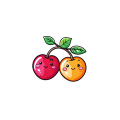 Cute Cartoon Cherries with Happy Faces and Leaves