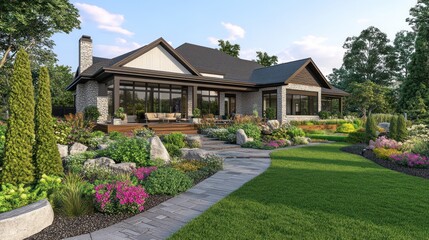 A nature-inspired 3D home design highlighting lush landscaping and spacious outdoor areas