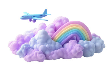 A toy airplane flies over pastel clouds and a rainbow, isolated on a transparent background.