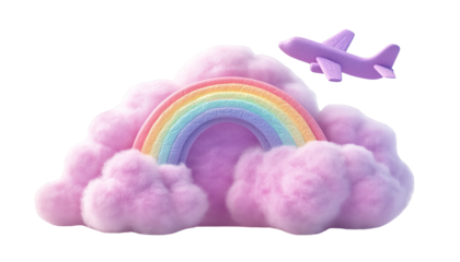 A rainbow arching over fluffy pink clouds with a small airplane is isolated on a transparent background.