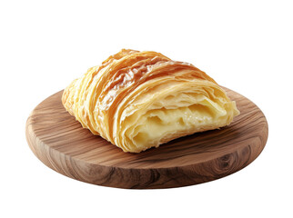 Fototapeta premium A croissant filled with cream on a round wooden board is isolated on a transparent background.