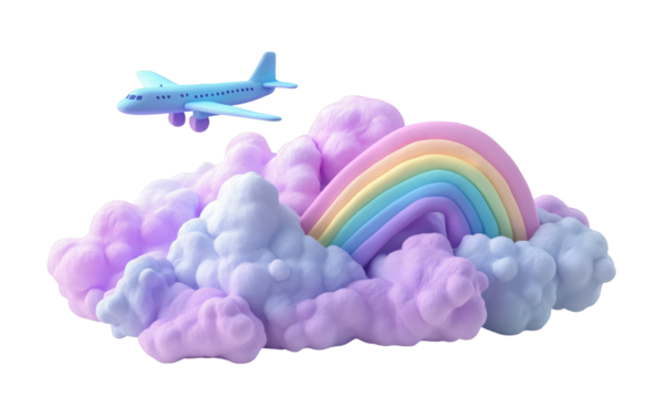 A toy airplane flies over pastel clouds and a rainbow, isolated on a transparent background. - Powered by Adobe